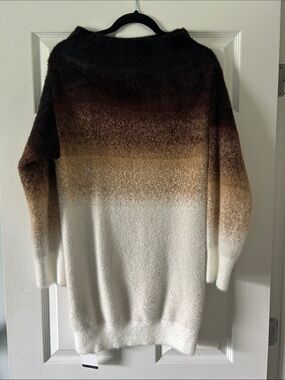 Cozy Ombre Gradient Long Knit Off the Shoulder Sweater - Brown to Cream